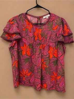 Rose & Olive Pink Floral Ruffle Sleeve Blouse with Orange Blooms